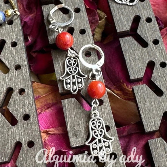 Bamboo coral long boho silver statement dangle hamsa 🪬 earrings - Picture 1 of 3